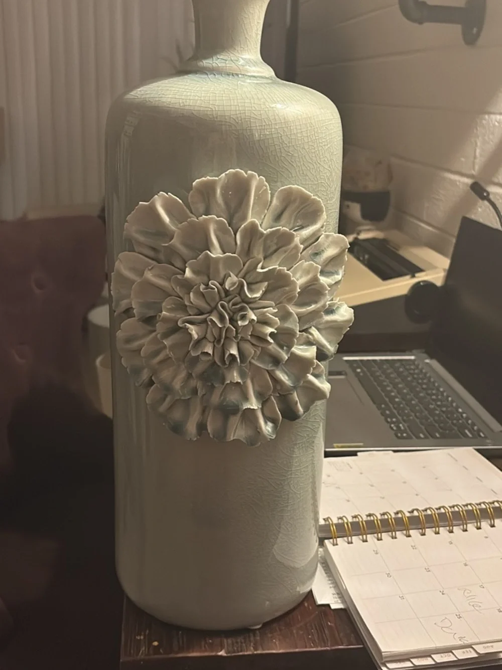 Decorative Ceramic Bottle Vase with Sculpted Flower crackle paint ,Pale Mint .